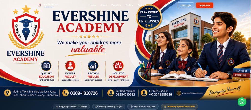 Evershine Academy — multi-campus academy management system landing page