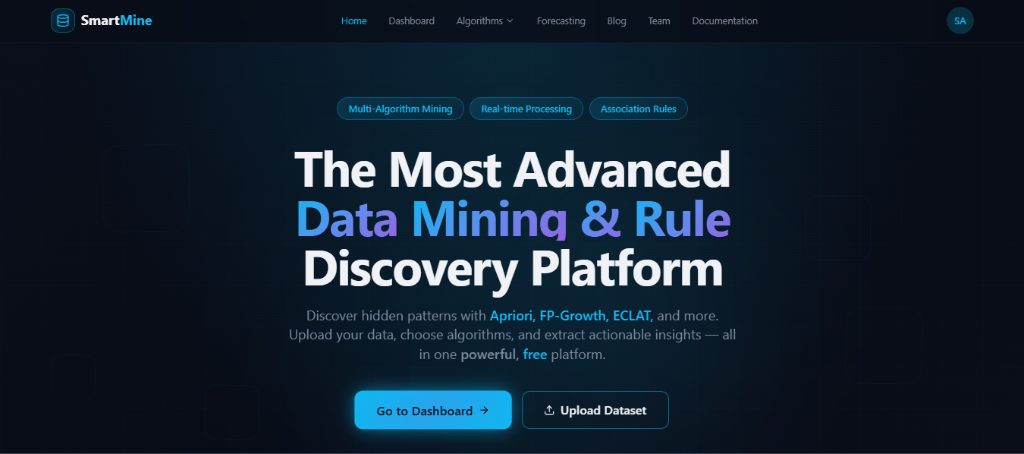 SmartMine — data mining and rule discovery platform landing page